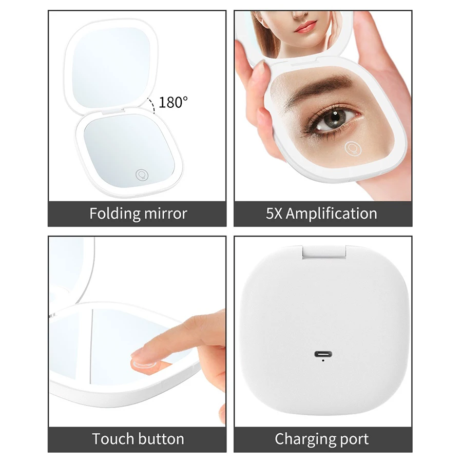 Specchio per trucco tascabile portatile con luci LED a 3 colori Specchio da viaggio con ingrandimento 5X per il trucco del corpo pieghevole compatto e carino