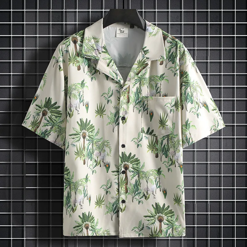 Camisa estampada con cuello cubano para hombre, Top Floral informal de manga corta para playa, verano, M-5XL