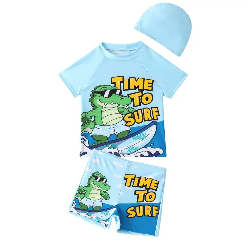 

2/3 Pcs Boy's Swimwear Lovely Cartoon Dinosaur Pattern Short Sleeve Swimsuits Kids Fashion Cool Comfortable Bathing Suits 4-7Y