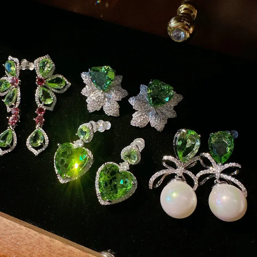

Luxury 925 Silver Needle Green Cubic Zirconia Earings for Women Freshwater Pearl Elegant Drop Earring Dangles Trendy Ear Jewelry
