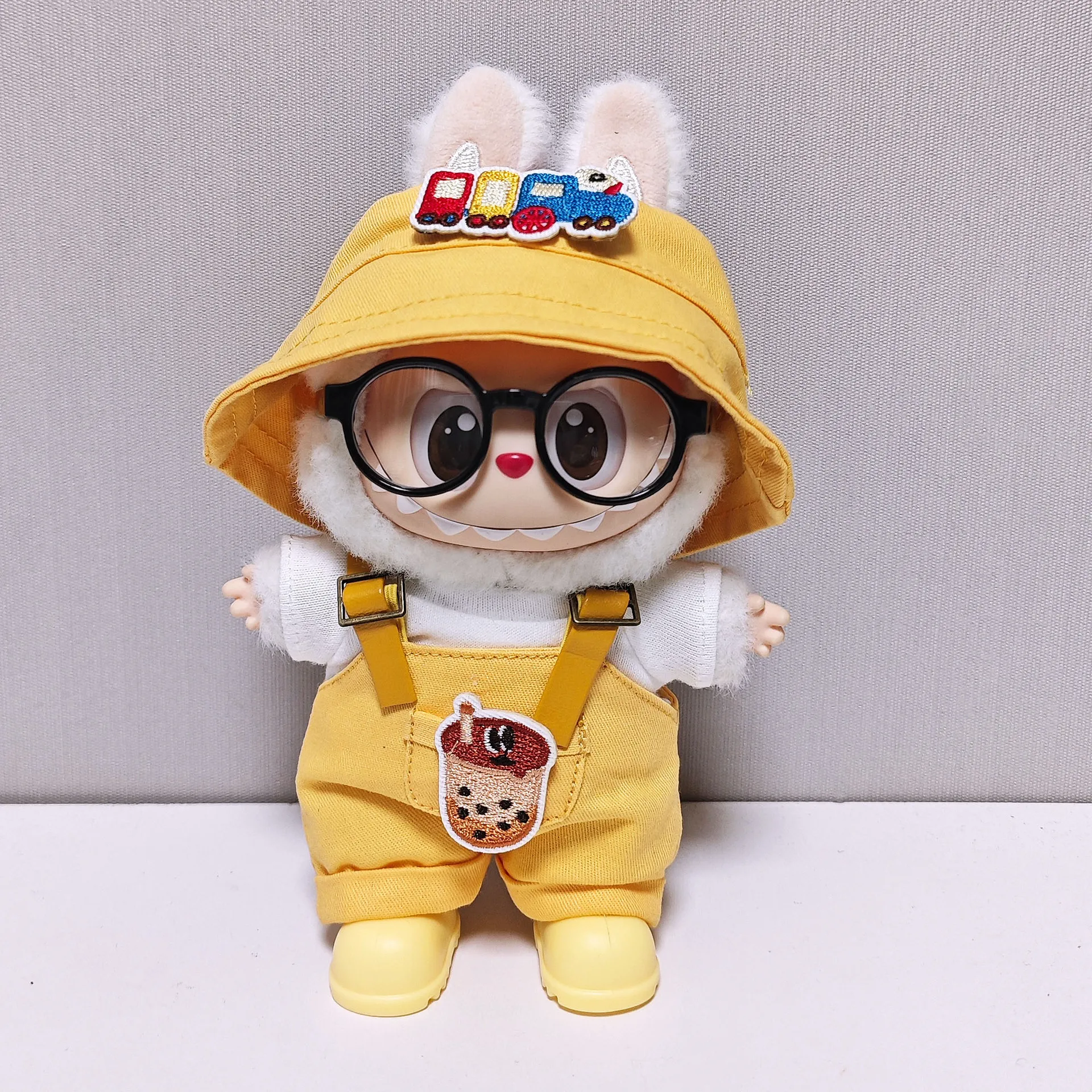 Conjunto de monos inspirados en Bubble Tea con sombrero con estampado de dibujos animados para muñeca de vinilo Labubu de 1a a 3a generación, ropa dulce para Labubu