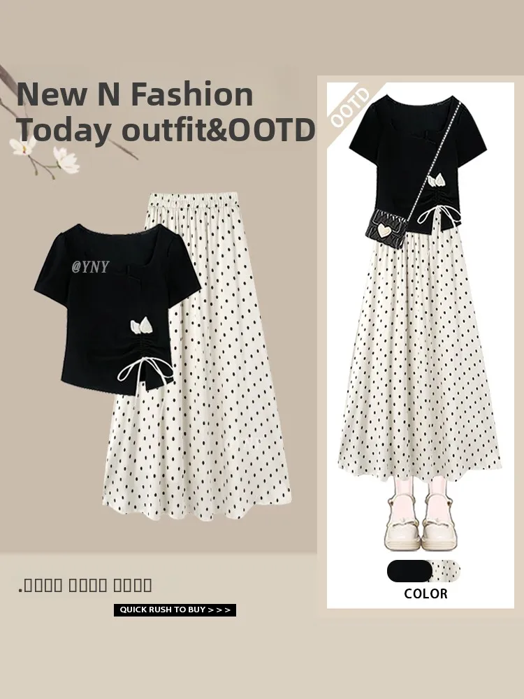 

Sweet Design Short Sleeve Waist-Cinching Top And Polka Dot Half Skirt Two-Piece Set for Young Women Summer Fashion Ensemble