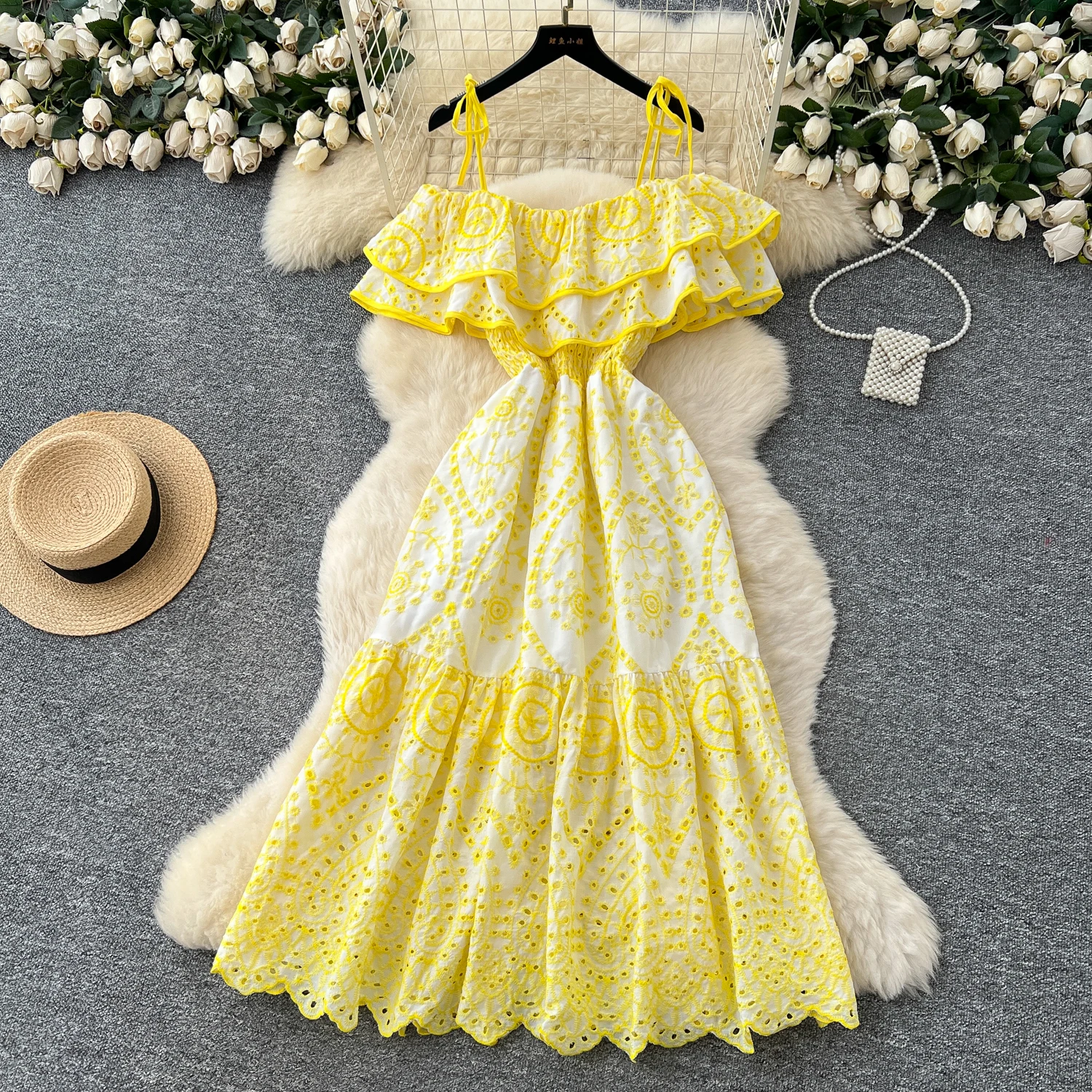 Chic vintage Sexy ruffle hollow out slim Elegant Fairy korean fashion Boho Sundress women clothing Long dress
