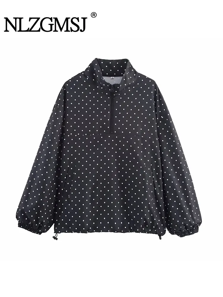 NLZGMSJ Women's Casual Jackets Dot O-Neck Zipper Long Sleeve Coats New Fashion Autumn Streetwear Loose Outwears