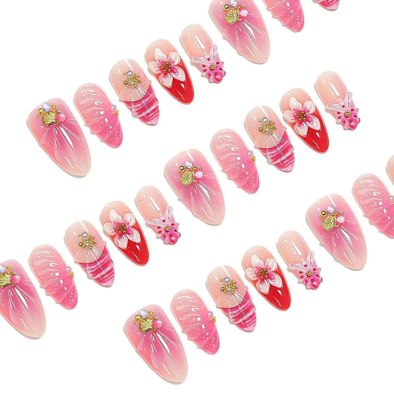 1Box Ombre Pink Pearl Accents Press On Nail 3D Floral Gel Fake Nail Fashion Event Design FalseNail With Jelly Glue&File Manicure