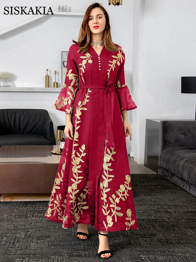 Floral Embroidered Abayas For Women Elegant Muslim Dress Oman Dubai Morocco Kaftan Party Ladies Dresses Ramadan Feminine Clothes