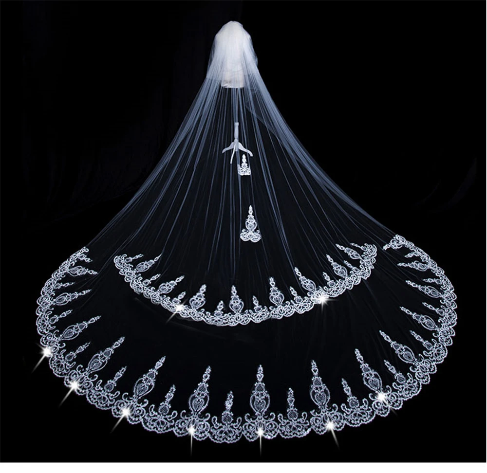 Voile de mariée en cristal à paillettes, 3.5 mètres, avec peigne, à deux couches, blanc/ivoire