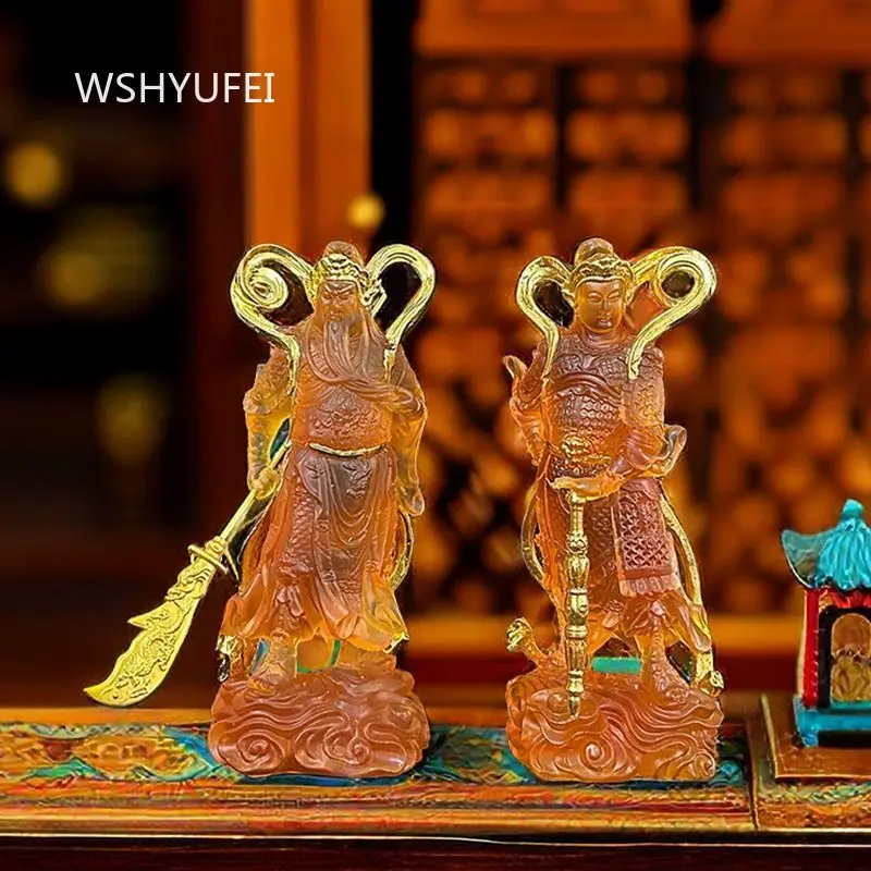 Transparent Resin Gold Trim Guan Yu Wei Tuo Buddha Statue Set Chinese Traditional Dharma Protector Figurine Altar Worship Decor