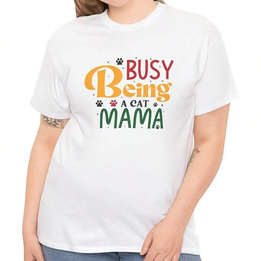 Busy Being A Cat Mama Casual Short Sleeve T‑Shirt Funny Paw Print Tee For Cat Owners Pet Lovers Crew Neck