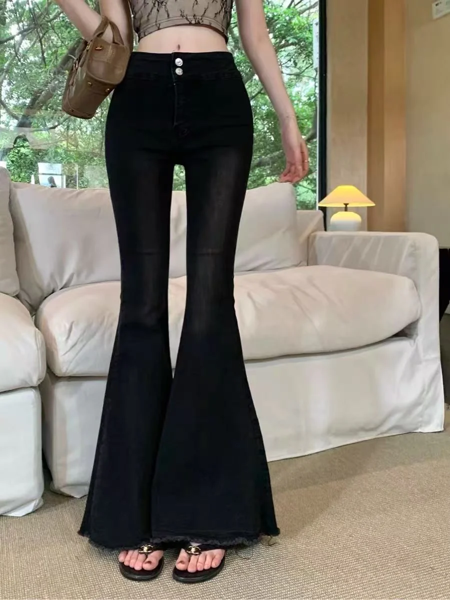 

Slim Fit High Waist Bell Bot Denim Jeans Women's ature Fi Tail Floor Length Elastic Bla Jeans Trendy Wear Resistant