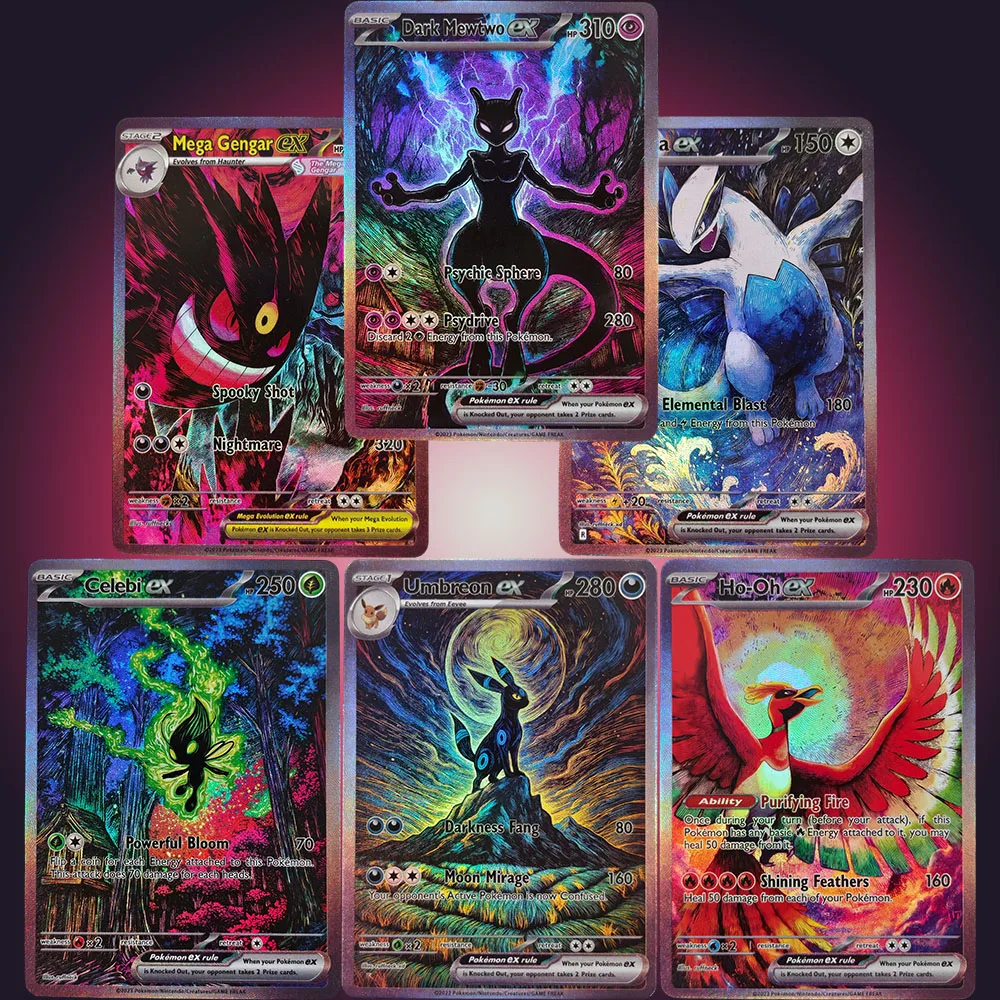 Self Made English Mega Gengar Ho-Oh Lugia Mewtwo Celebi Umbreon Dark Style Game Collection Texture Card Toy