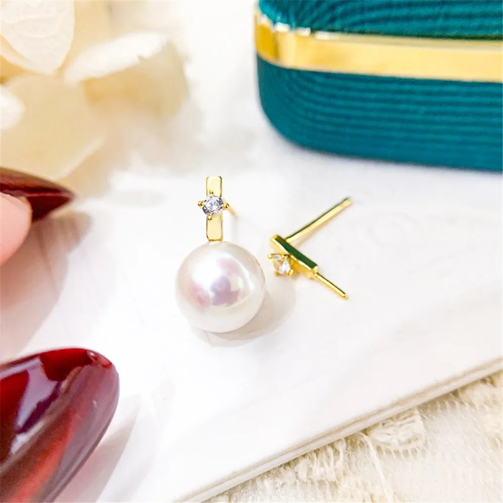 DIY Pearl Mini Accessories S925 Pure Silver Ear Stud Empty Holder Gold Silver Earrings Fit 7-10mm Round Beads E093