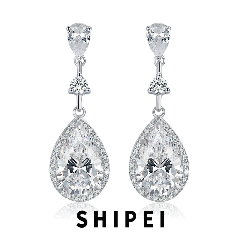 

SHIPEI Solid 925 Sterling Silver Pear Cut White Sapphire Gemstone Wedding Engagement Fine Jewelry Drop Dangle Earrings For Women