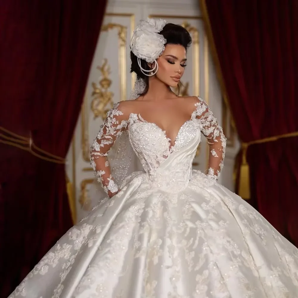 

CustomizedLuxurySatin Ball Gown Wedding Dress Long Sleeve Sweetheart Bridal Gown Tailor Made Quality Clothing Vestido De Noiva