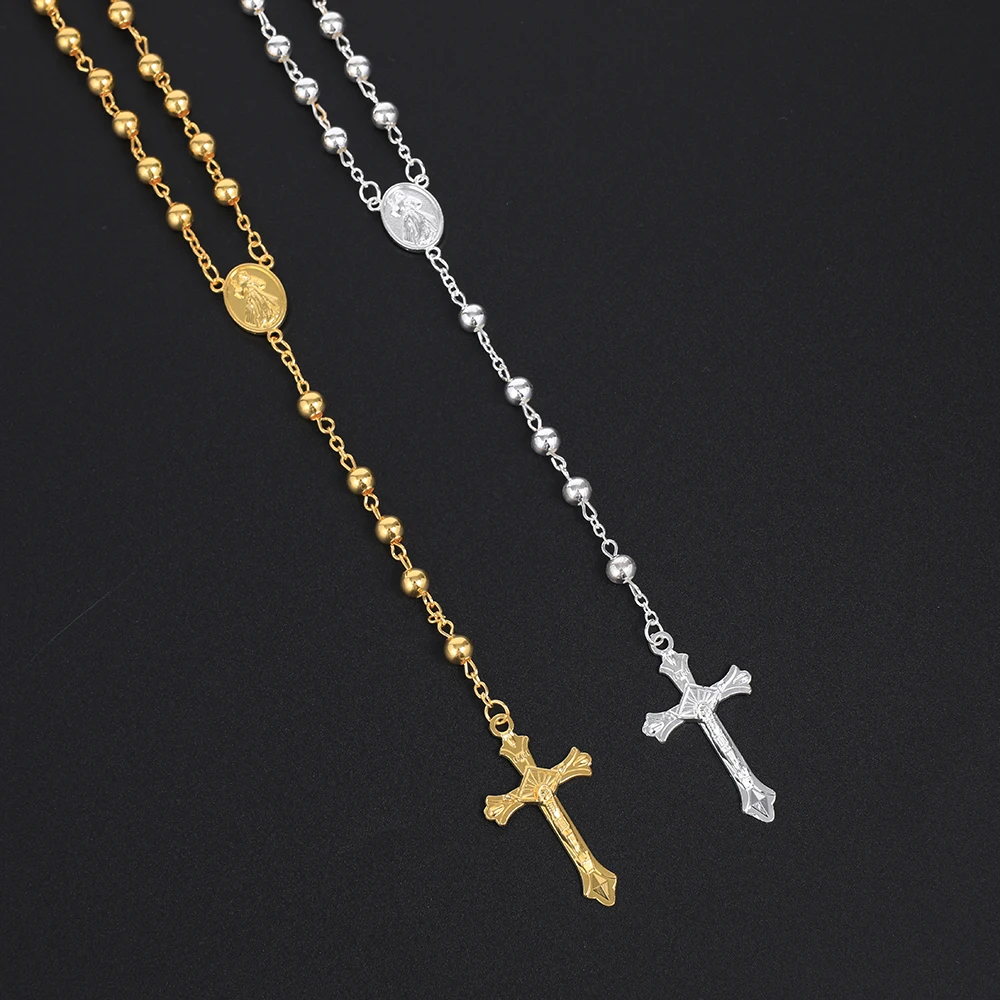 6MM Rosary Necklaces For Women Men Long Gold Silver Color Chain Crucifix Cross Pendant Necklace Religious Prayer Jewelry Gift