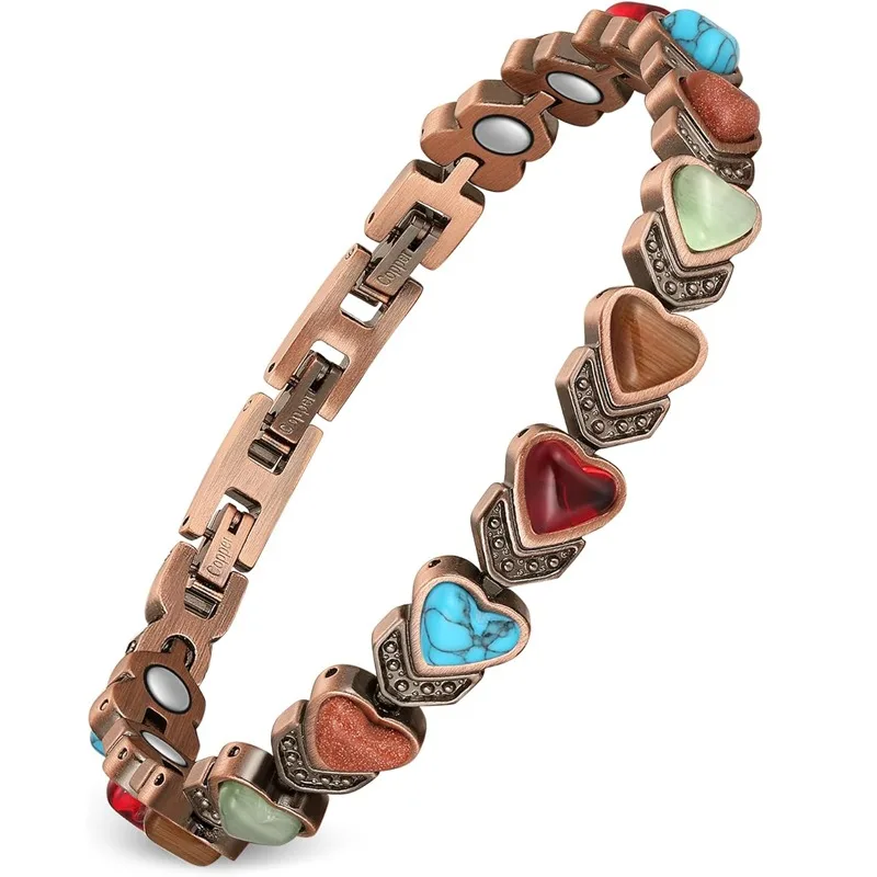 Bracelets en cuivre pur pour femmes, bracelet magnétique ultra résistant avec 3800 aimants Gauss et pierres turquoise naturelles, réglable