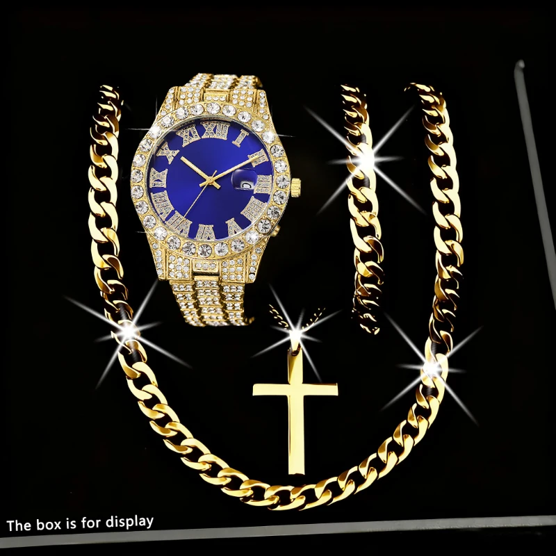 4 قطعة/المجموعة الفاخرة الماس الرجال كوارتز ساعة الفولاذ المقاوم للصدأ الفرقة التقويم ساعة اليد قلادة سوار طقم مجوهرات (بدون صندوق)