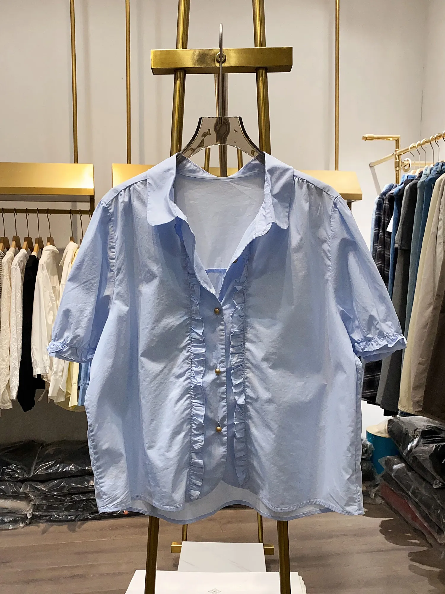 

2026 New Korean Style Women's Ruffled Button Shirt Blue Lapel Puff Sleeve Fashionable Elegant Summer Versatile Casual Top