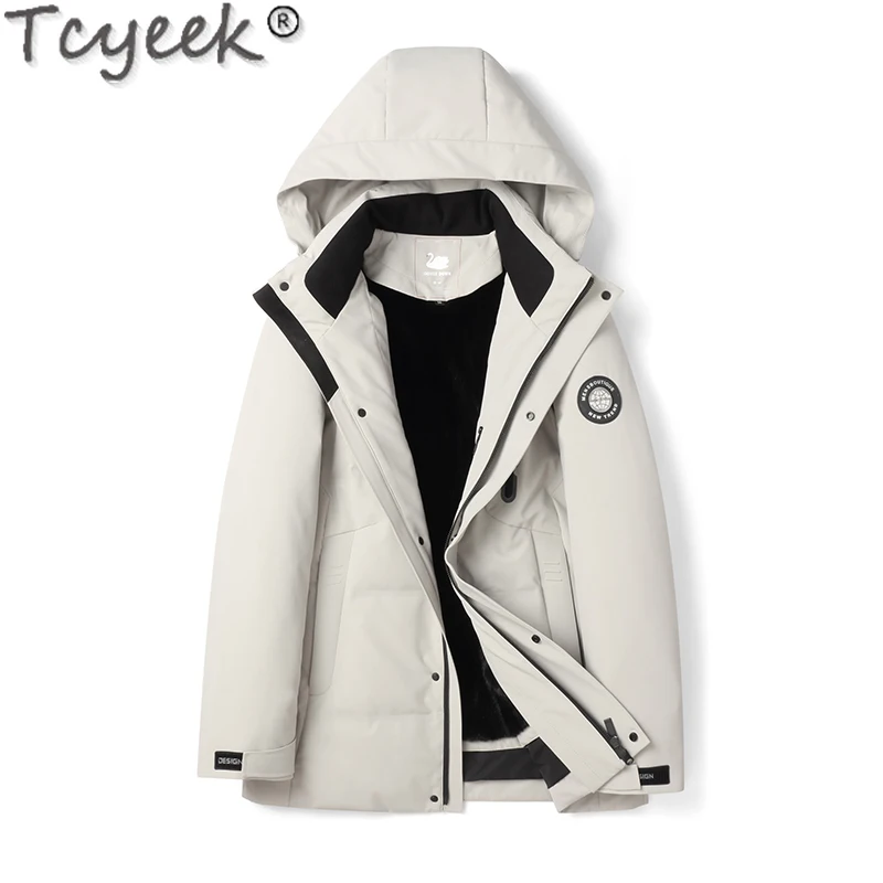 Tcyeek Winter Natural Whole Mink Fur Liner Parka Warm Real Fur Jacket Men Mid-long Hooded 90% White Goose Down Coat abbigliamento uomo