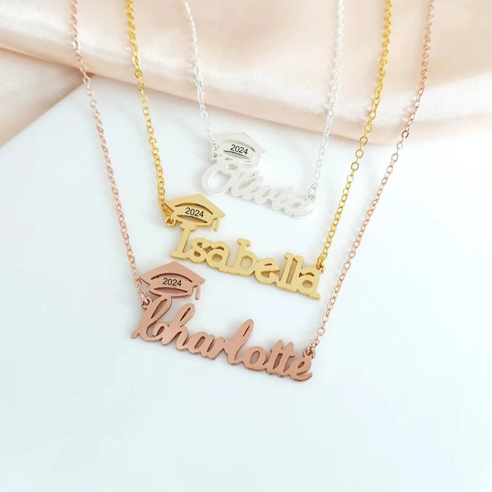 Personalized Stainless Steel 2024 Customized Name Necklace Graduation Commemorative Gift Doctoral Hat Student Gift Jewelry