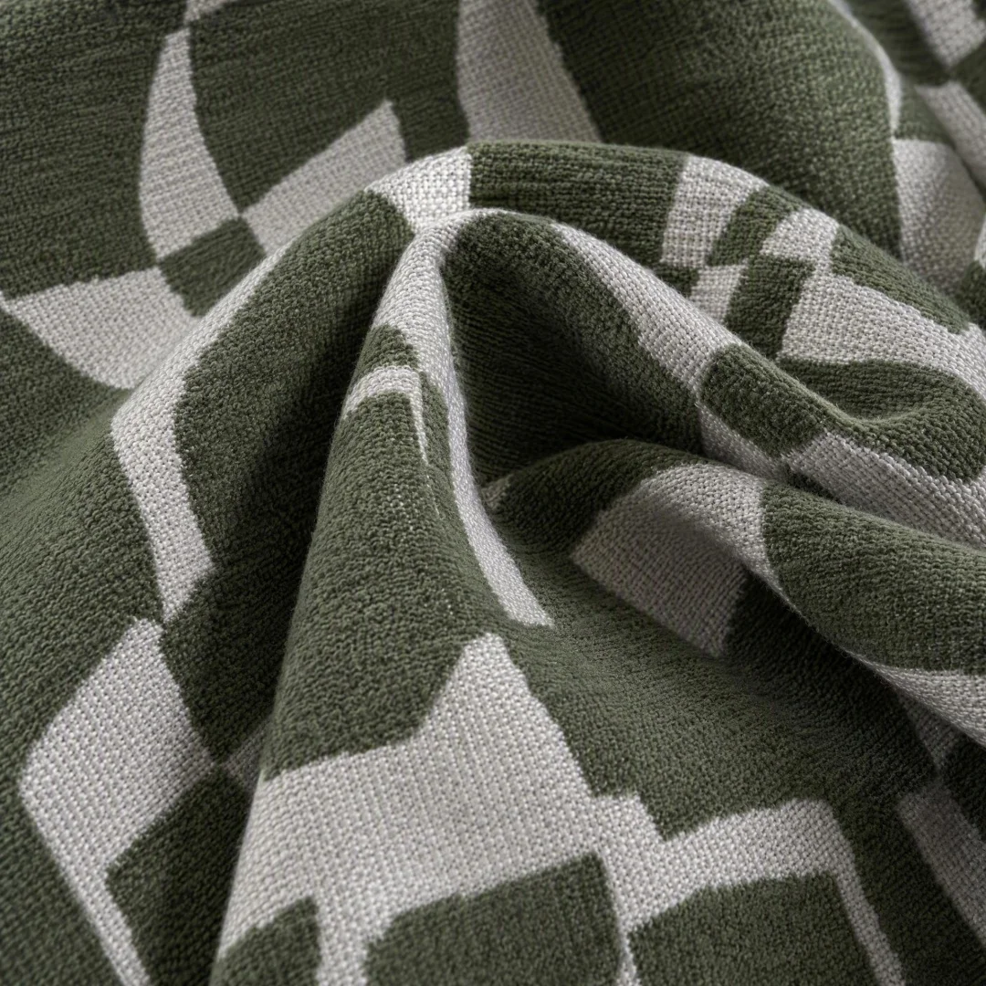 Dark Green Geometric Linen Curtains, Retro Abstract Block Print Window Drapes, Light Filtering Curtain for Living Room Bedroom