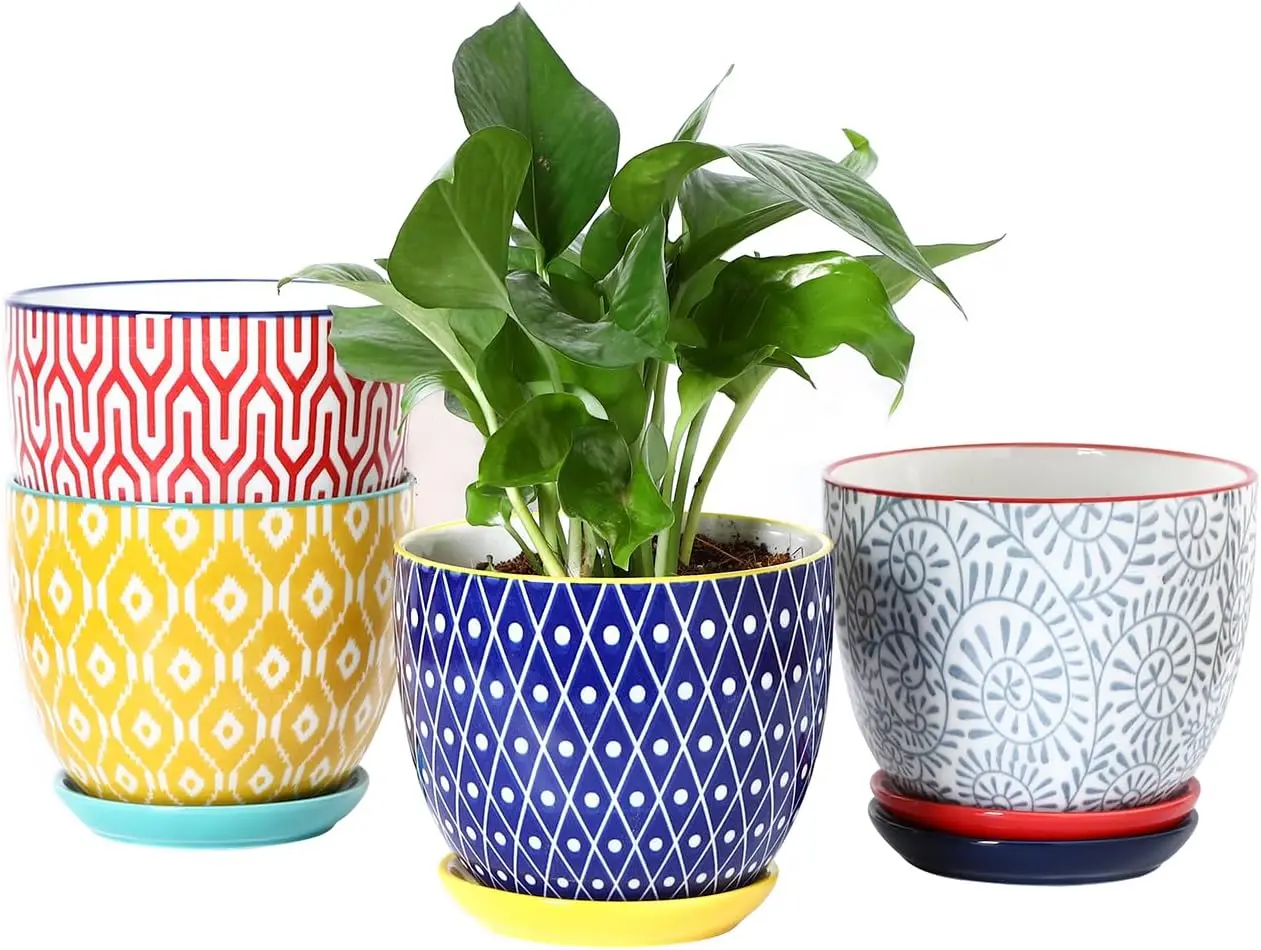 أواني نباتات سيراميك، أوعية زهور مقاس 5.6 بوصة للنباتات الداخلية، مزارعون مع فتحة تصريف وصحن، أوعية حديقة لسوك