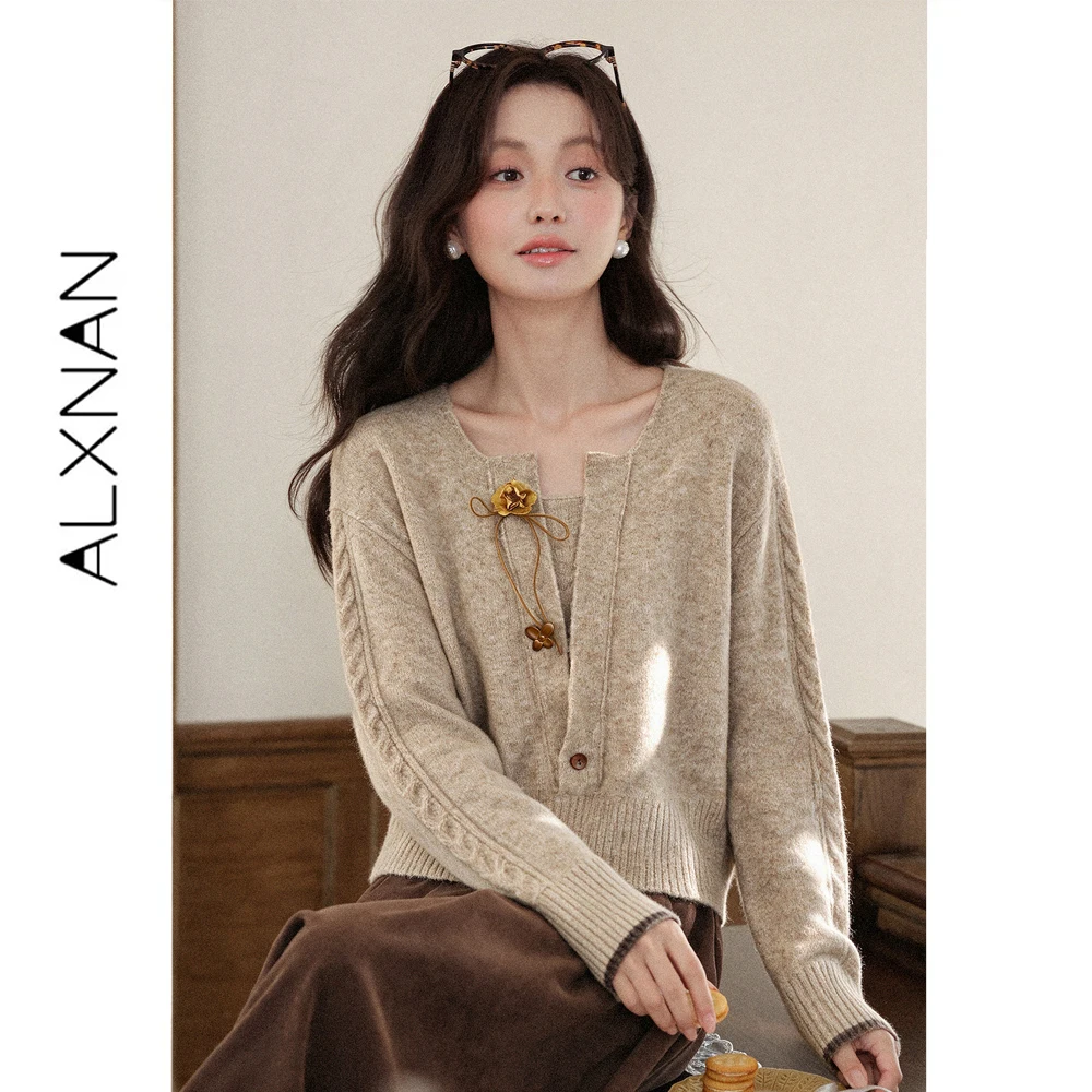 ALXNAN Grey Knit Sweater Women Autumn 3D Butterfly Elegant Casual Pullover Fashion Loose-fit Ladies Top L681196A