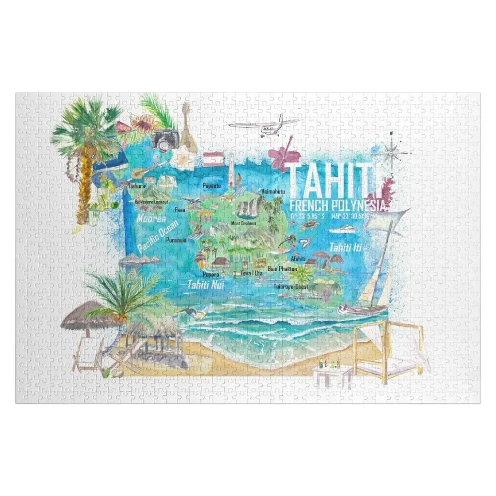 Tahiti Illustrated Travel Map with Roads and Highlights Jigsaw Puzzle Personalised Personalized Toy Puzzle