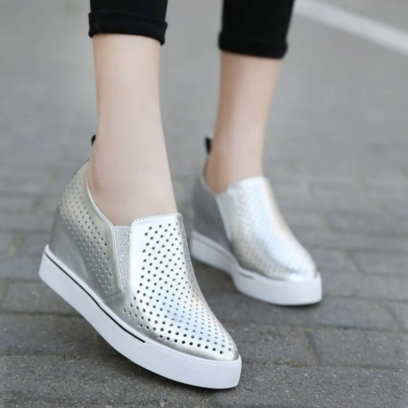 Comemore Height Sneakers Women Summer Shoes Platform Wedge White Mesh Breathable Vulcanize Shoes Slip on Solid Ladies Tennis