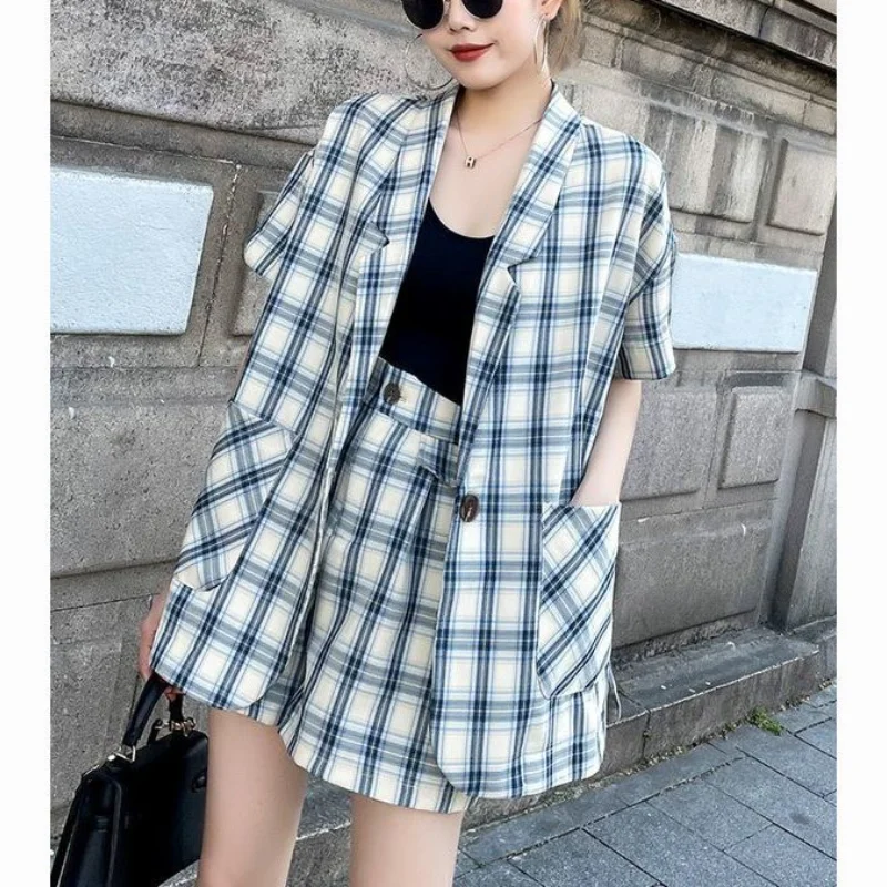 Women's Summer New Plaid Suit Jacket Fashion Literary Fan Button Pocket Splicing Short Sleeve Coat Leisure Versatile Shorts Set