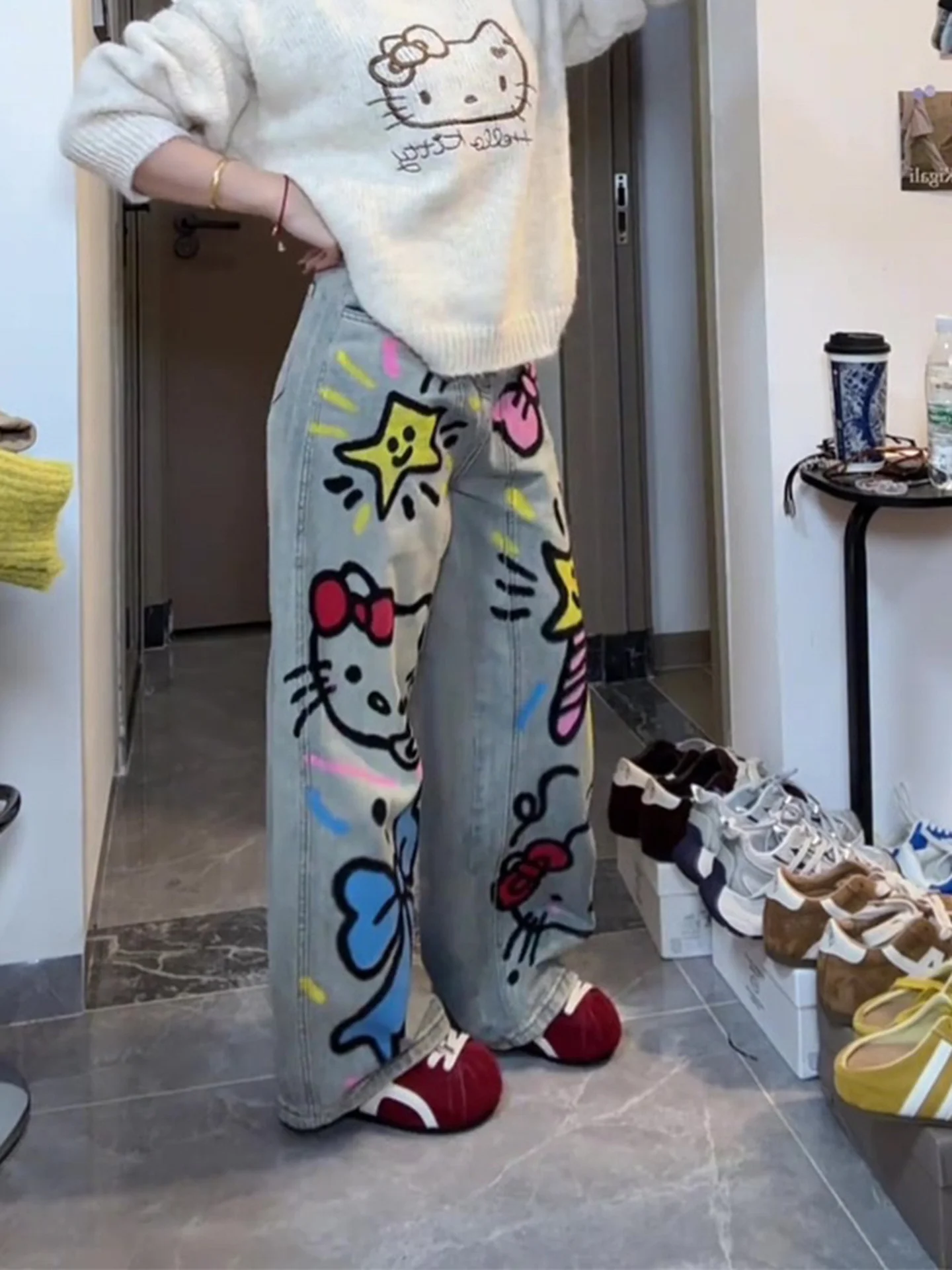 플러스 사이즈 만화 패턴 디자인 청바지 여성용 루즈 스트레이트 레그 팬츠 가을 겨울 신상 캐주얼 하이웨이스트 와이드 레그 청바지