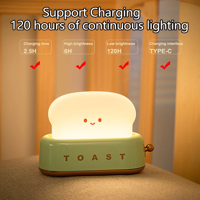 Led Toast Bread Table Lamp Usb Rechargeable Battery Bedroom Birthday Decor Holiday Baby Girls Boys For Kawaii Room Nightlight