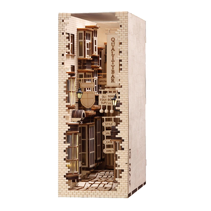 DIY Holz Buch Nook Diagon Alley Buchstütze Bücherregal Bücherregal Baustein Montieren Spielzeug für Kinder Erwachsene Geburtstag Geschenk Casa