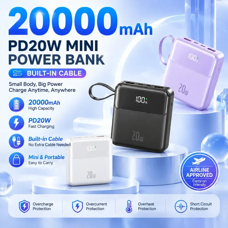 20000mAh Mini Power Bank PD 20W Fast Charging Built in Cable Compact Portable Charger for iPhone Xiaomi