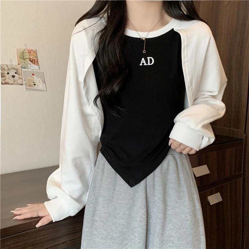 

Slim Fit Color Blo Long Sve Hoodie Women's Thin ort Irregular Fake Two-Piece Trendy Top Korean Sle round Ne