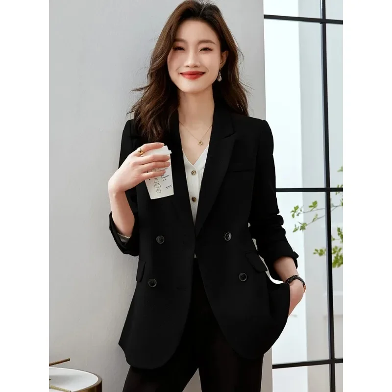 Moda rosa nero caffè Casual donna Blazer cappotto donna manica lunga doppio petto sciolto giacca femminile per l'autunno inverno