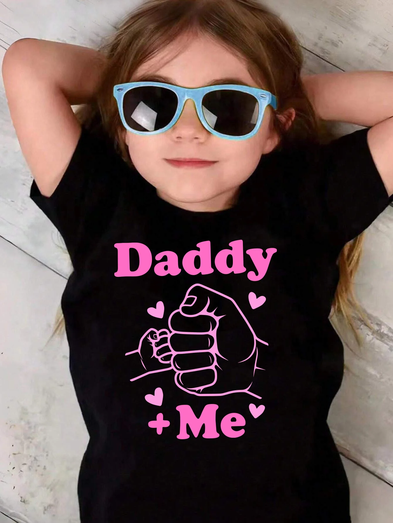 Daddy & Me Text Print T-Shirt Black Pink Daddy Fist Bump Print & Footprints Soft Children Tee Short Sleeve Summer Casual Tops