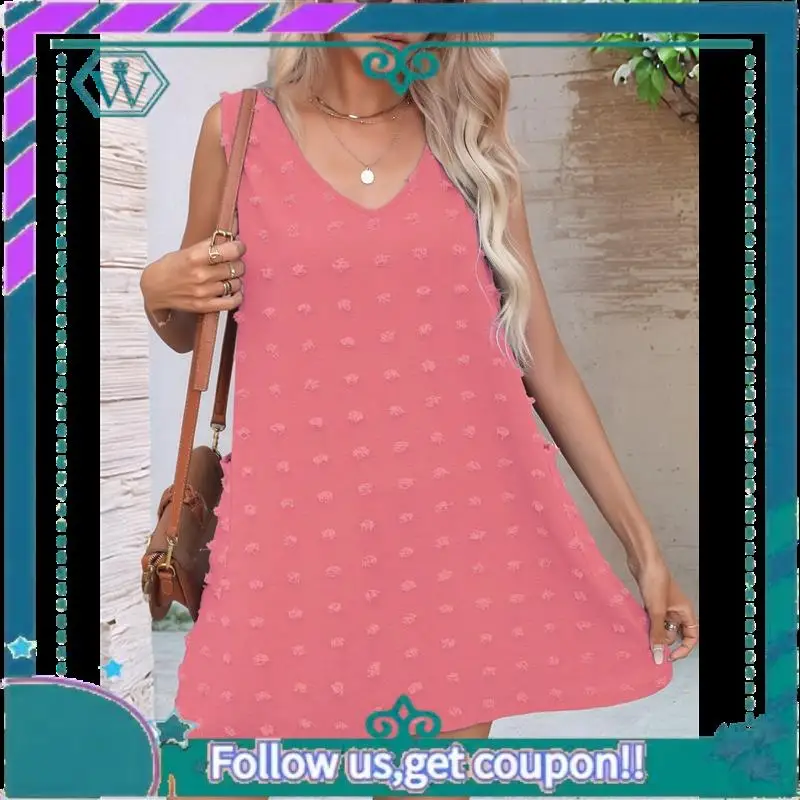 A09P Dames Casual Zomerzonjurken Polka Dot Beach Cover Up V-hals Mouwloze Tankjurk Met Zakken