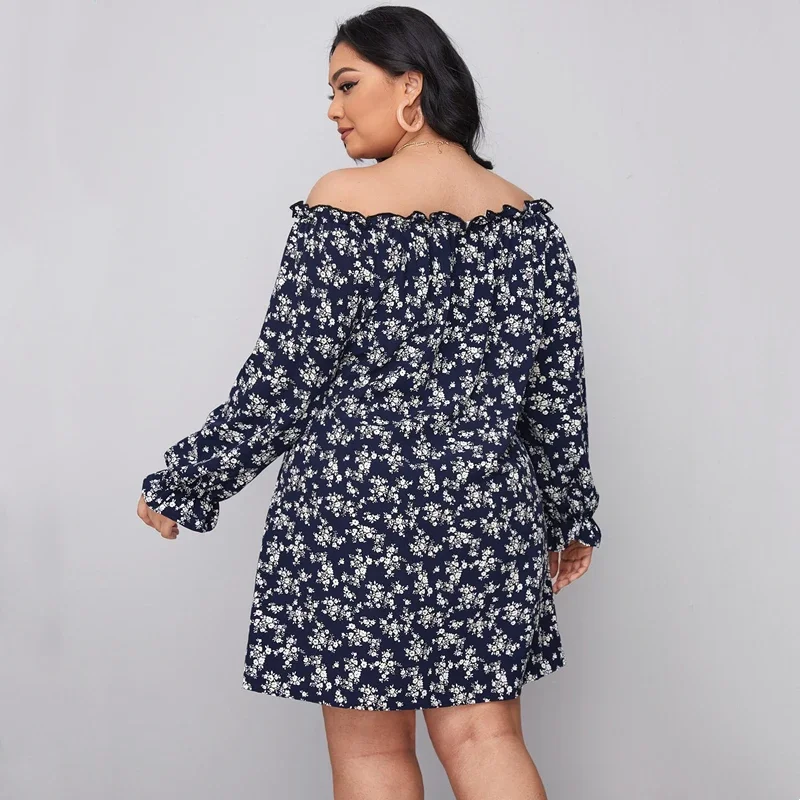 Plus Size Slash Neck Floral Print Summer Spring Casual Dress Long Flounce Sleeve Off Shoulder Blue Tunic Dress Large Size 6XL