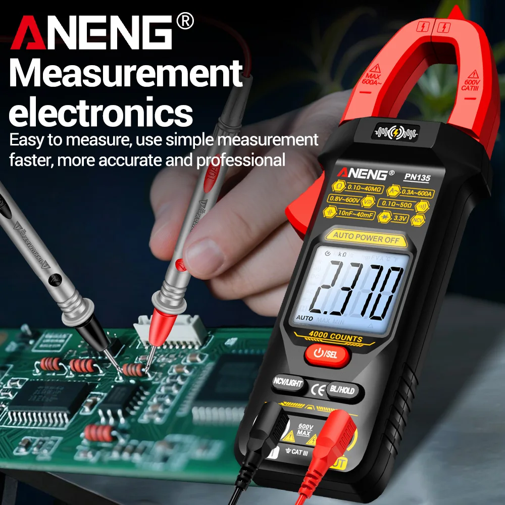 ANENG PN135 Ammeter Car AC/DC Voltage Current voltmeter NCV Ohm Capacitance Test Tools Smart Multimeter Clamp Meter 4000 Counts