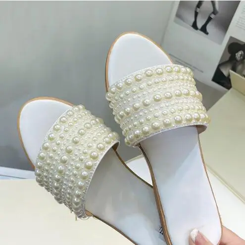 

Top Design Woman White Pearl Embellished Genuine Leather Slip On Sides Slippers Outdoor Leisure Flat Casual Sandals Size 42