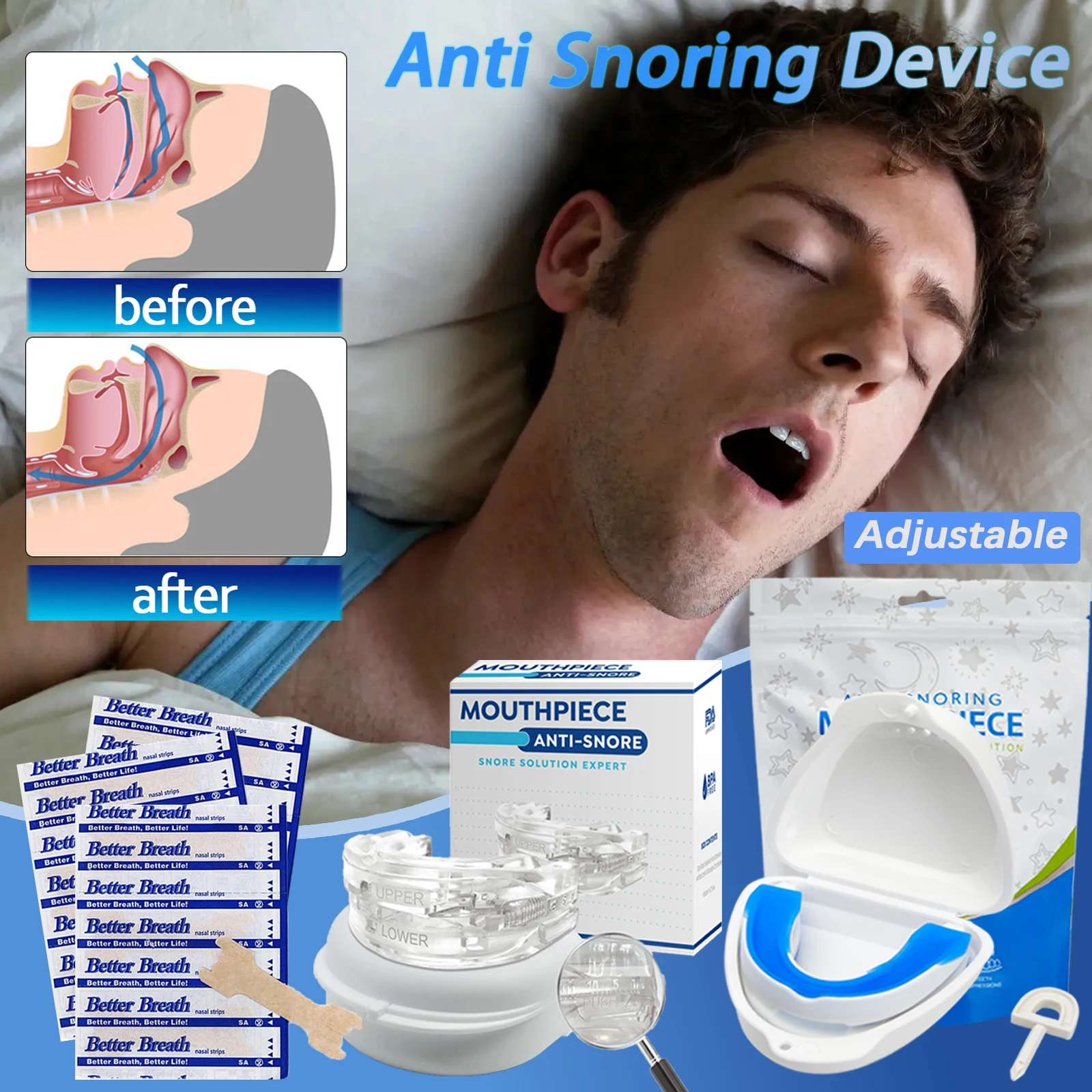 Adjustable Anti Snore Mouth Guard With Breath Nasal Strips Anti Snore Devices Snoring Device For Bruxism and Stop Snoring