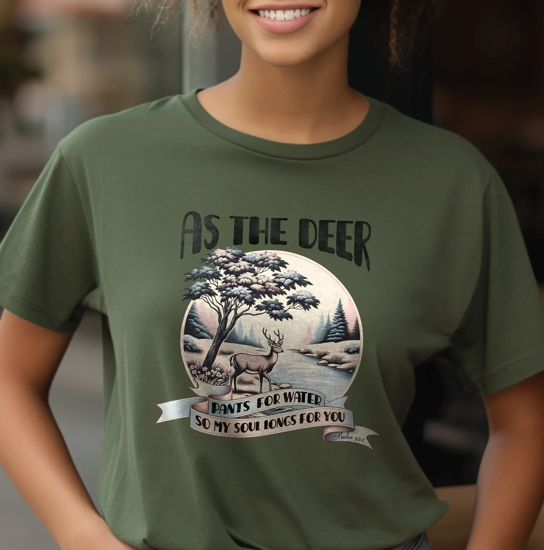 Psalm 42 1 Deer Stream T Shirt Spiritual ComforT Bible Verse Christian Faith Based Nature Top for Believers Serene