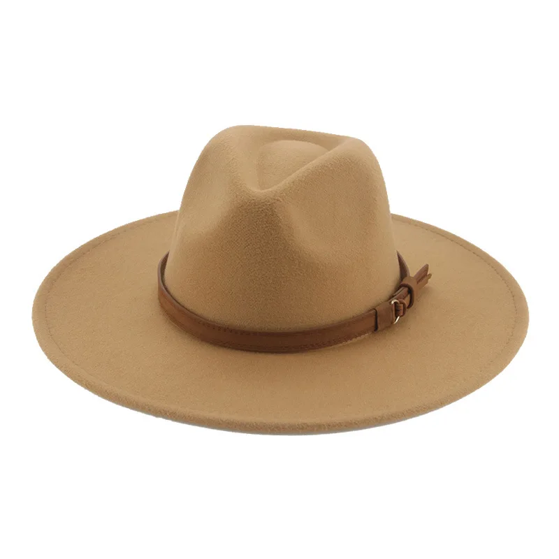 Gorra de fieltro de ala grande, sombrero vaquero occidental de ala ancha de Panamá, sombrero de copa de Color sólido, cinturón, sombrero Fedora de corona alta, nuevo