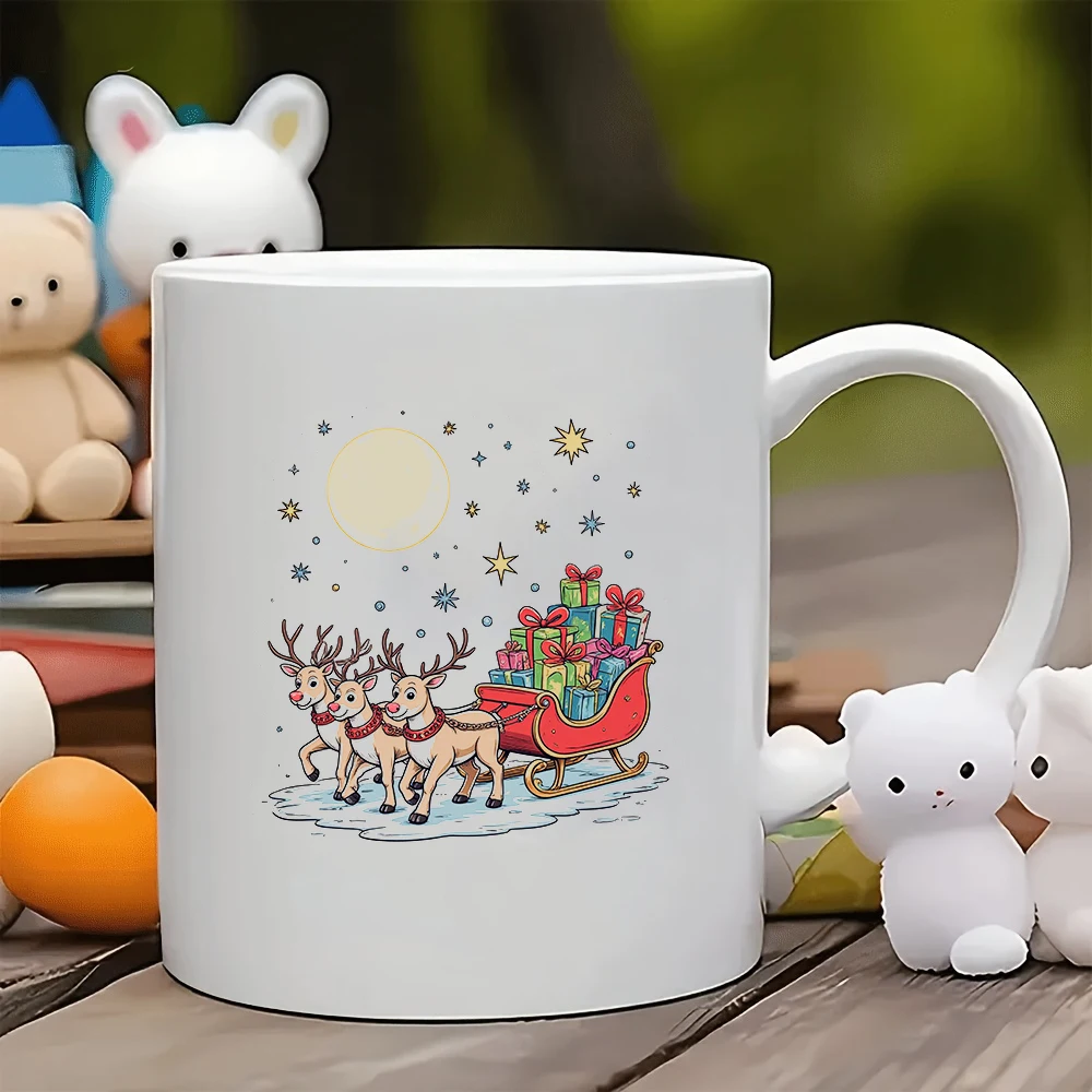 

11oz mug cartoon sleigh gift box cartoon reindeer pulling sleigh ribbon bow decoration starry night sky moon ba