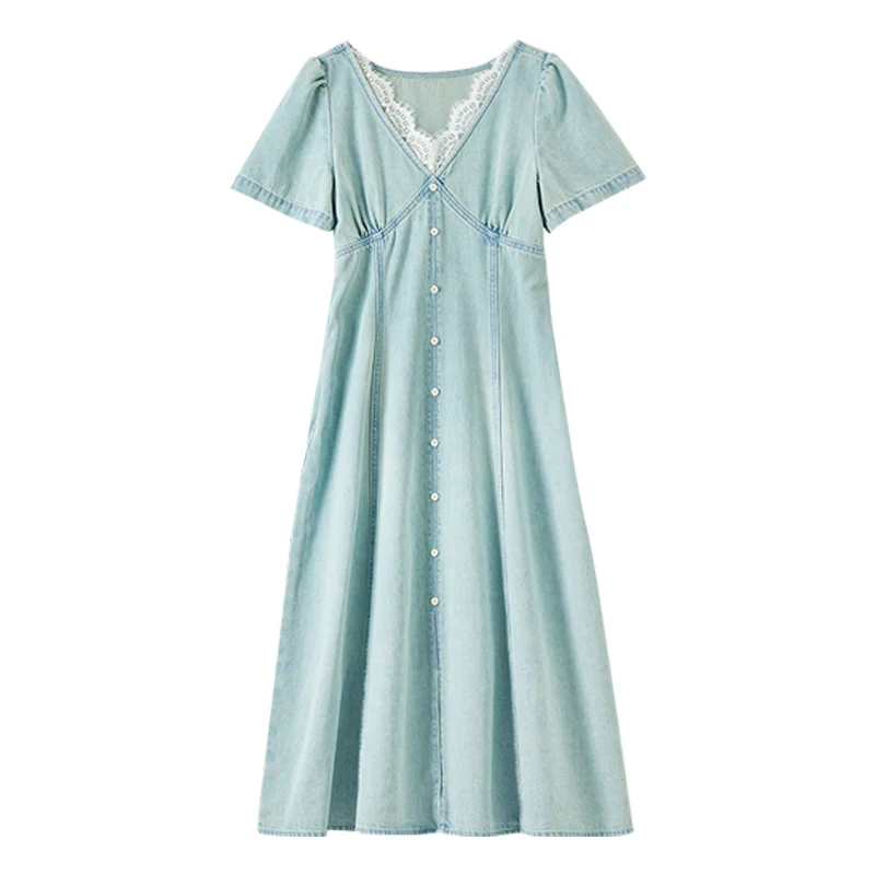 SENTUBILA Women's Summer Dresses 2025 Puff Sleeves V Neck Lace Splicing Denim A-Line Long Dress Commute Elegance Style W52LH0107