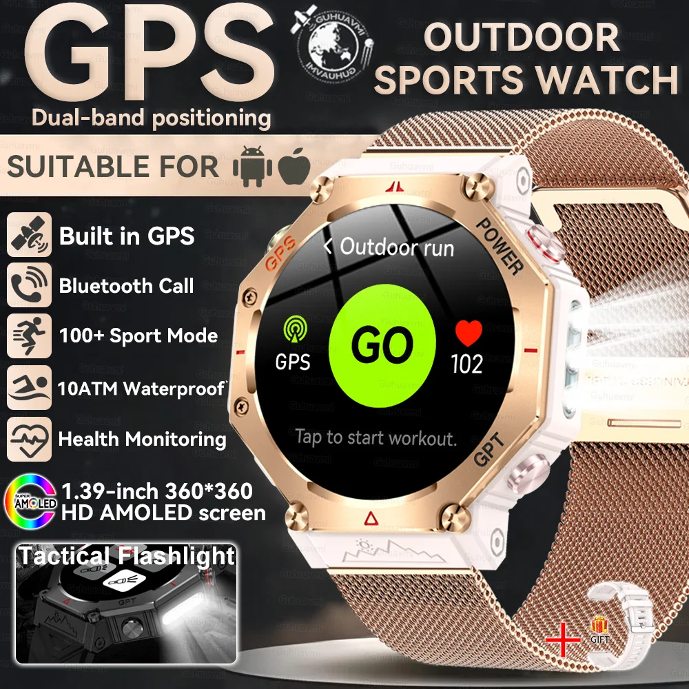 2026 Nieuwe Ingebouwde GPS Outdoor Smartwatch Heren Zaklamp Kompas BT-oproep Hartslagmeter 10ATM Waterdicht Sport Smartwatch 2026