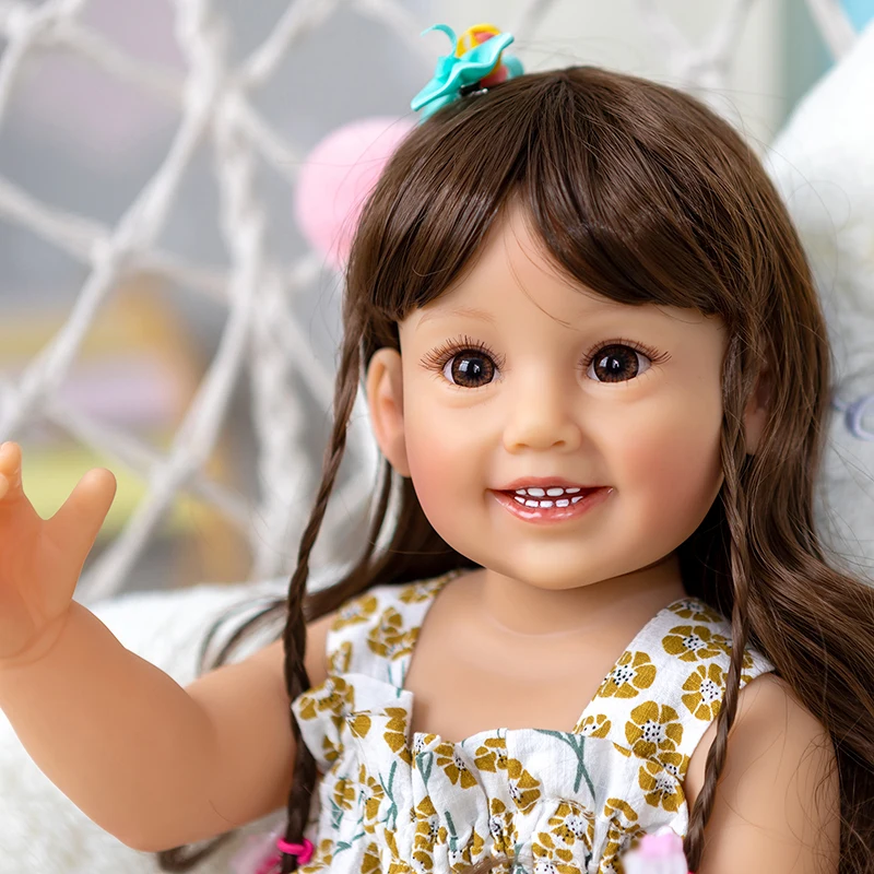 Lalka Reborn 55 cm, mała dziewczynka Cammi, uśmiechnięta, miękka silikonowa lalka dziecięca, malowana trójwymiarowo skóra z widocznymi żyłkami, zabawka do kąpieli dla dzieci.