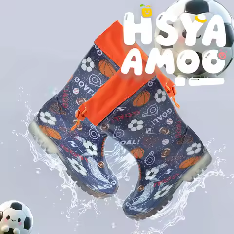 Children's Football pattern Waterproof Slip-resistant Rain Boots With Drawstring Closure, Lightweight, Odorless, Easy To Clean