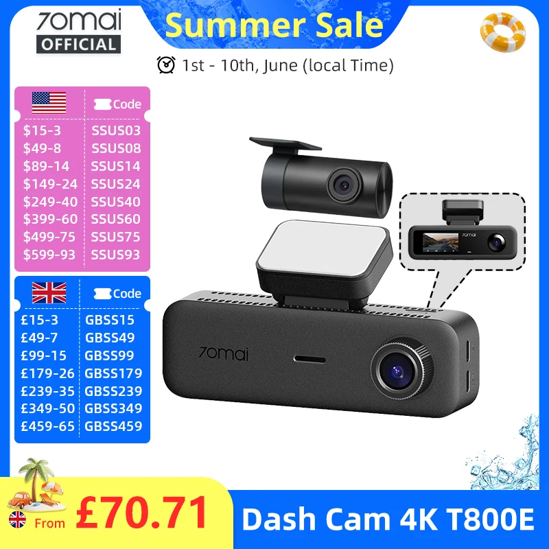 70mai T800E 3-Channel Front 4K + Rear 1080P + Interior 1080P HDR Supercapacitor 24H Parking GPS WiFi 6 70mai T800E Voice Control